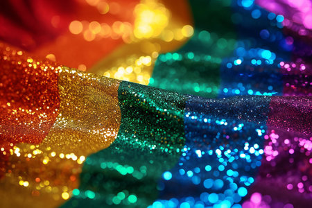 Sparkling rainbow glitter flag close-up, symbolizing LGBT pride. Vibrant background for Pride Month and inclusivity themes.の素材