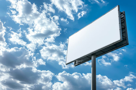 Roadside blank billboard mock-up against a vibrant blue sky with dynamic clouds, template for advertising and custom branding.の素材