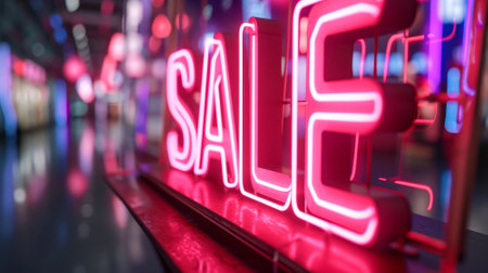 Sale vibrant pink neon sign close-up in a blurred store window display, retail promotion concept.の素材