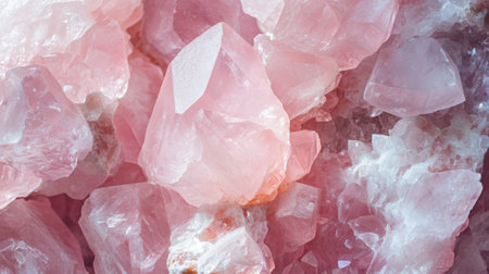 Rose quartz rough crystals, beautiful pink gemstone close-up luxury background. Concepts of spirituality and healing, precious gems and minerals collection.の素材