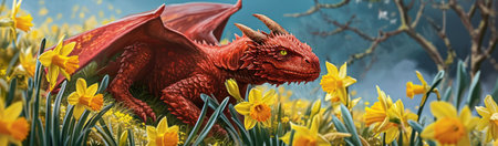 St David's Day Holiday celebration in Wales, UK concept. Red Welsh dragon in yellow daffodil flowers illustration, banner with copy space for text.の素材