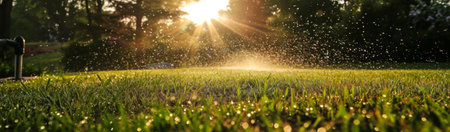 Automatic sprinklers hydrating green lawn at sunrise, with sparkling water droplets and sun flare, concept of gardening and water conservation, banner with space for text.の素材