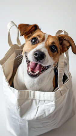 Happy Jack Russell Terrier in a white tote bag, concept of travel with dog on holidays and pet friendly sustainable shopping.の素材