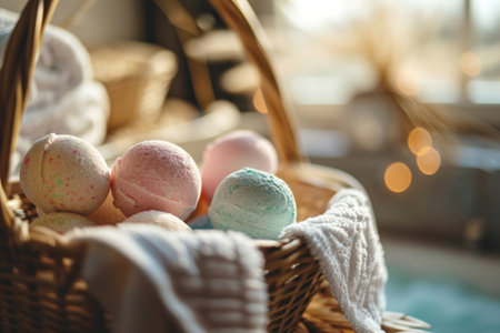 Basket filled with colorful bath bombs and a fluffy white towel, warm bokeh bathroom background with copy space. Concept of home spa, self-care and quiet luxuryの素材