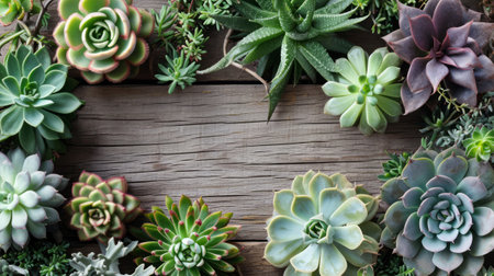 Succulents mix frame with centre copy space for text on wooden background, mock-up for plant stores messages.の素材