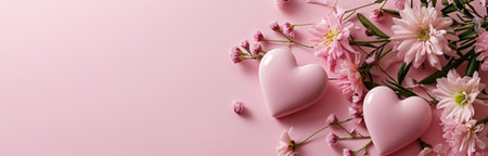 Pink flowers with two hearts, Mother's or Women's Day, Valentines themed gentle frame banner with pastel background with copy space for text.の素材