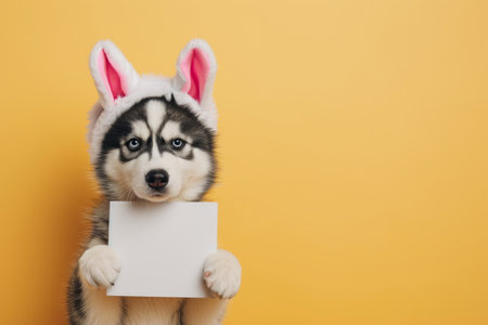 Adorable Siberian Husky puppy with bunny ears headband holds a blank white sign mock-up, template for Easter greetings, vibrant yellow background with copy space for text.の素材