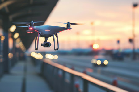 Drone with camera at dusk close-up, concept of the restrictions of flying near airports area and quadcopter regulations and rules. Space for text.の素材