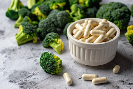 A bowl of natural supplement capsules with fresh broccoli florets. Indole 3 carbinol is a plant compound from cruciferous vegetables seeds extract.の素材