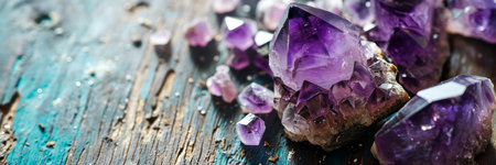 Amethyst crystal banner with rustic blue wood background with copy space, many beautiful purple gemstone close-up luxury backdrop. Precious gems and minerals collectionの素材