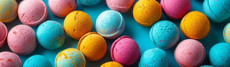 Bath bombs banner, vibrant orange and pink mini collection on blue background, concept of aromatherapy and wellness, for natural handmade cosmetics stores.の素材