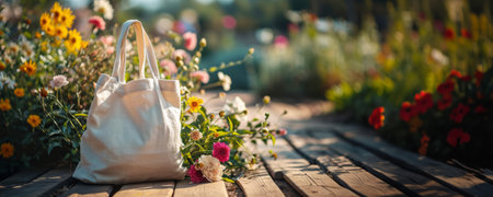 Tote bag blank cotton shopper mock-up on wooden floor outdoors, Summer garden with flowers background with copy space for text. Template banner for eco friendly branding, sustainable fashion.の素材