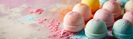 Mini round bath bombs banner, colorful collection on textured concrete background with space for text, for natural handmade cosmetics stores, concept of self-care and wellness.の素材