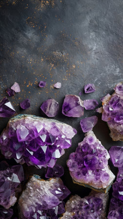 Amethyst crystals with dark concrete background with copy space, many beautiful purple gemstone close-up luxury vertical backdrop. Precious gems and minerals collectionの素材