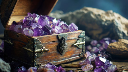 Open old treasure chest full of natural rough purple Amethyst crystals. Shiny gemstones collection.の素材