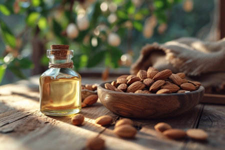 Almond oil in a small glass bottle with almonds nuts in a wooden bowl with a garden background. Natural hair and skin care, wellness concepts.の素材