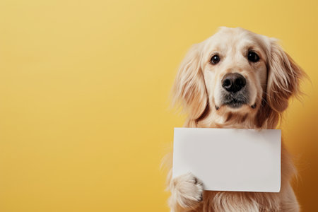 Golden retriever dog holds a blank white sign mock-up on yellow background with copy space for text, template for vet clinic or pet store messagesの素材