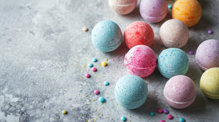 Assorted colorful round mini bath bombs on concrete background with copy space for text, flat lay banner for natural handmade cosmetics shops.の素材