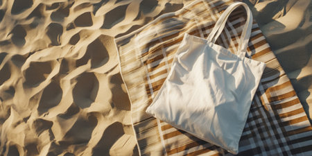 Tote bag blank cotton shopper on beige beach blanket, sand background with copy space for text. Mock-up banner for sustainable fashion branding or merchandise items, Summer vacation shoppingの素材