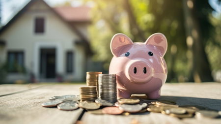 Pink piggy bank with stacked coins on a wooden table, house in the background, concept of saving for a home, investment in property, financial planning for homeownership and mortgage.の素材
