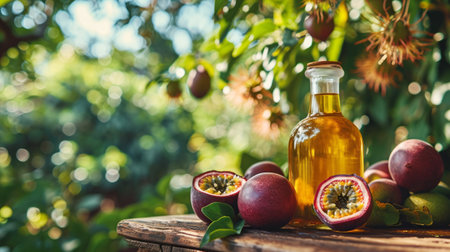 Maracuja oil banner, small bottle with fresh passion fruits on a rustic wooden table, trees background with copy space. Wellness and natural skin care concept.の素材