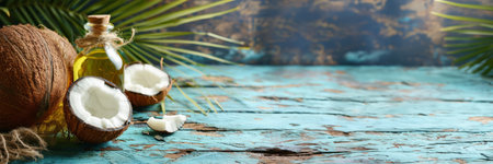 Banner with coconut oil in a glass bottle with whole and halved fresh coconuts and palm leaves on a rustic blue wooden background with copy space for text, natural hair care and wellness concept.の素材