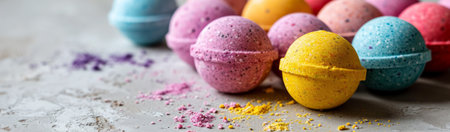 Colorful vibrant bath bombs banner, multicolored collection on textured concrete background with space for text, concept of self-care and wellness, for natural handmade cosmetics stores.の素材