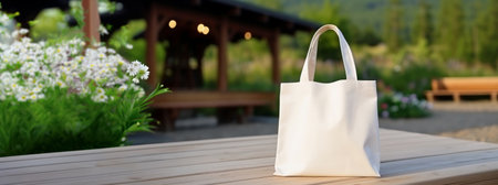 Banner with Blank white cotton tote bag shopper mock-up on wooden table outdoors, Summer garden with flowers background with copy space for text. Template for eco friendly branding.の素材