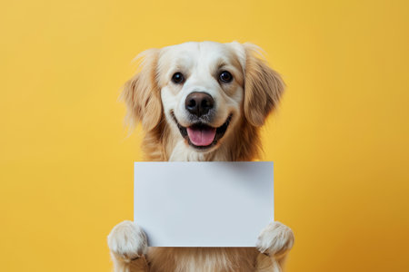 Happy golden retriever dog holds a blank white sign mock-up on yellow background, template with space for text for vet clinic or pet store, adoption announcements.の素材