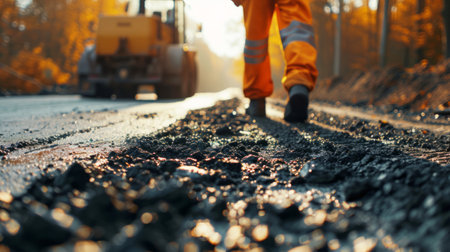 Asphalt renewal services, construction worker overlooking reconstruction site with road roller in the background, close-up with copy space.の素材