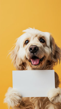 Happy dog holds a blank white sign mock-up on yellow background with copy space for text, template for vet clinic, grooming salon or pet store messagesの素材