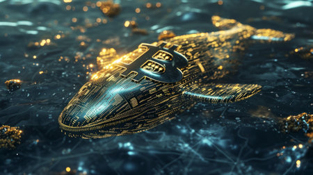 Golden crypto whale with Bitcoin emblem swims in digital blue ocean, concept of big market players that own large amounts of cryptocurrency and can influence the price.の素材
