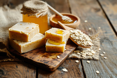 Handmade oatmeal and honey soap bar with a honey jar and oats on a rustic wooden table background, natural skincare routine concept, for organic stores.の素材