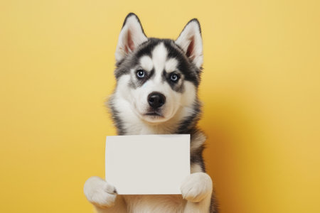 Siberian Husky dog holds a blank white sign mock-up on yellow background, template with space for text for vet clinic or pet store, adoption announcements.の素材