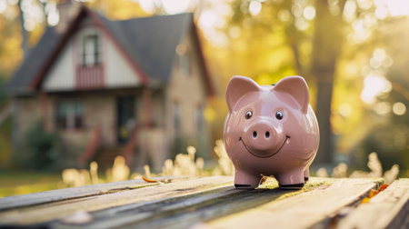 Saving for home buying investment, mortgage plan, and residential property tax concept. Piggy bank on wooden table with a blurred house background. Real estate sale banner with copy space for text.の素材