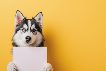 Cute Siberian Husky dog holds a blank white sign mock-up on yellow background, template with space for text for pet store or vet clinic, adoption announcements.の素材
