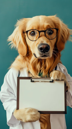 Cute golden retriever dog in glasses dressed as a vet doctor, holding a blank sign mock-up with space for text on blue background, template for veterinary clinic promo and pet health related messages.の素材
