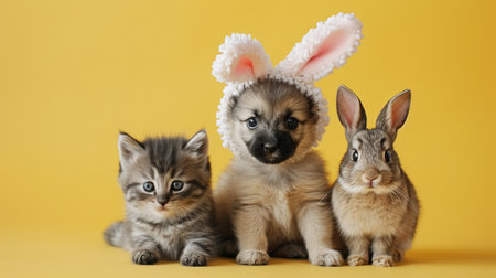 Kitten, rabbit and a puppy wearing bunny years on a yellow background, concept of Easter celebrations for pet stores.の素材