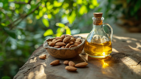 Almond oil in a glass bottle with almond nuts in a wooden bowl with a garden background with copy space. Organic hair and skin care and wellness concepts.の素材