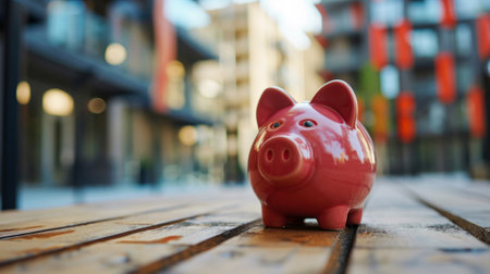 Piggy bank on a wooden bench, apartment buildings blurred in the background, concept of mortgage savings to buy an apartment, rental deposit and real estate sale banner with copy space.の素材
