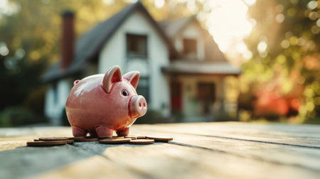 Piggy bank on coins on a wooden table, house in the background with copy space, concept of home loan, saving for mortgage, investment in real estate and residential taxes.の素材