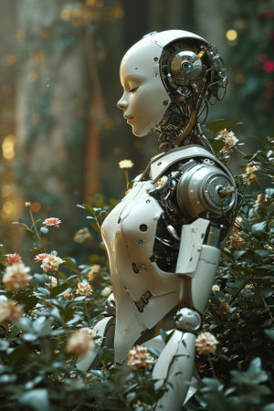 Robot in a flowers garden, concept of the synergy between artificial intelligence technology and nature, machine learning in ecology, potential in environmental care.の素材