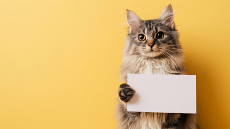 Fluffy tabby cat holds a blank white paper note mock-up on yellow background with copy space for text, template for vet clinic, pet store or adoption announcementの素材
