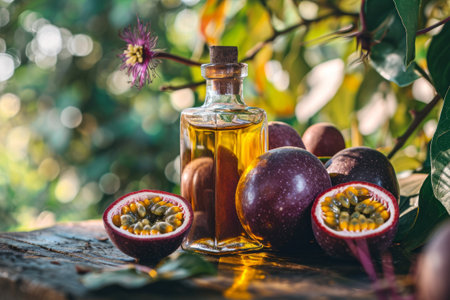 Maracuja oil bottle close-up, fresh passion fruits on a rustic wooden table, trees background. Fatty acids, antioxidants and vitamins in skin care concept.の素材