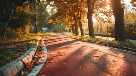 Red asphalt cycling lane, bike path in autumn park with fallen leaves at sunset, concept of eco-friendly urban transportation.の素材