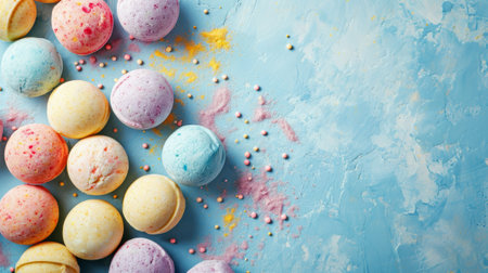 Bath bombs on blue concrete background with copy space for text, multicolored yellow, pink pastel collection, flat lay banner for organic handmade cosmetics stores.の素材