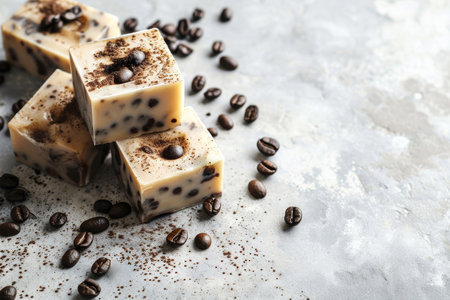 Handmade coffee bean soap bars on light concrete background with copy space, organic skincare routine concept, for natural cosmetic stores.の素材
