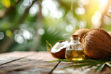 Coconut oil glass bottle with fresh coconuts on a wooden table with a palm trees blurred background, banner with copy space for text. Organic hair and skin care, wellness, vegan diet concepts.の素材