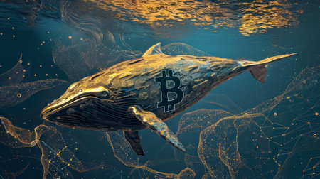 Golden whale with Bitcoin emblem in digital blue ocean, concept of big market players that own large amounts of cryptocurrency and can influence the price.の素材