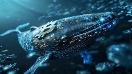 Big crypto whale with Bitcoin emblem swims in digital blue ocean, concept of big market players that own large amounts of cryptocurrency and can influence the price.の素材